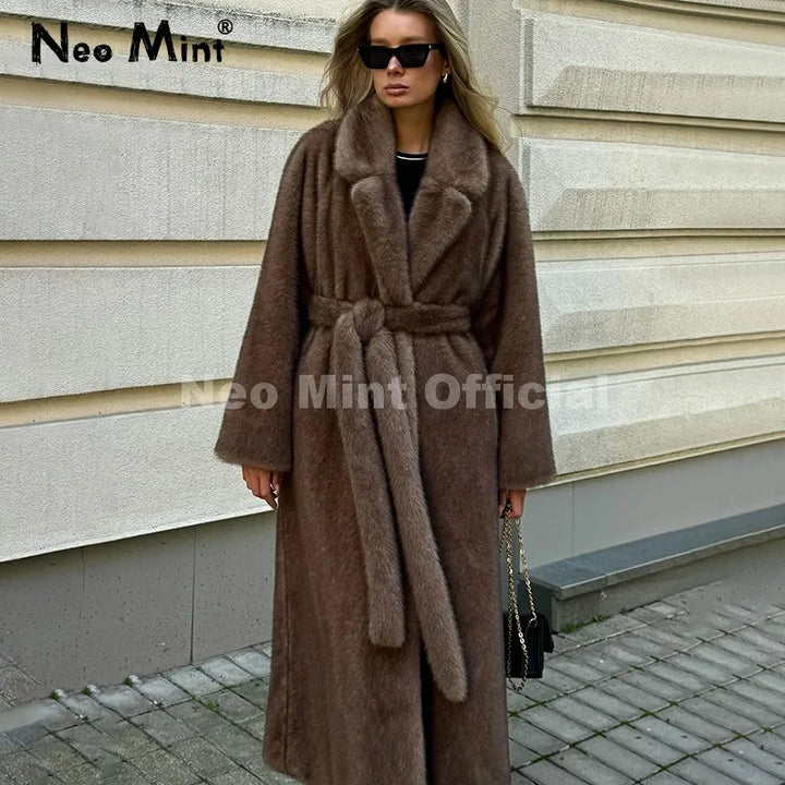 Women's Neo Mint Belted Faux Mink Fur Coat