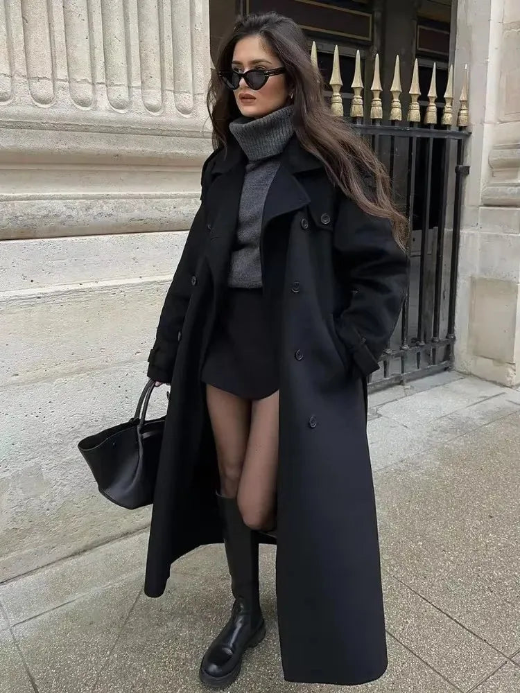 Elegant Black Long Coat with Belt for Women
