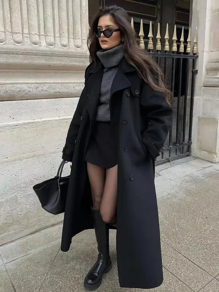 Elegant Black Long Coat with Belt for Women