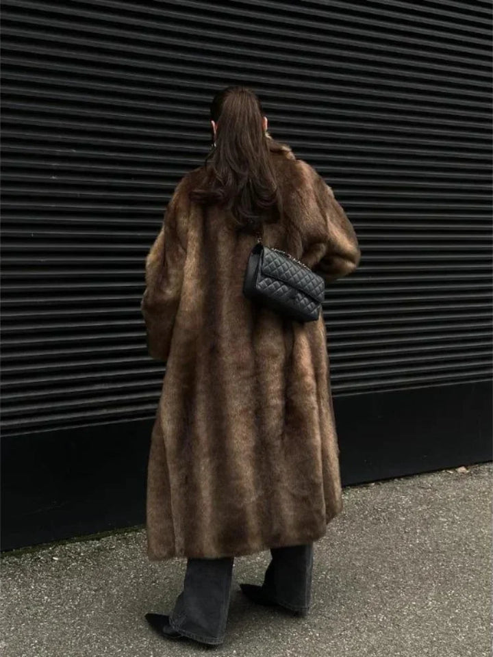 Fashion Mixed Color Lapel Collar Women's Long Coat Elegant Full Sleeve Loose Overcoat New Winter Lady High Street Faux Fur Jacket