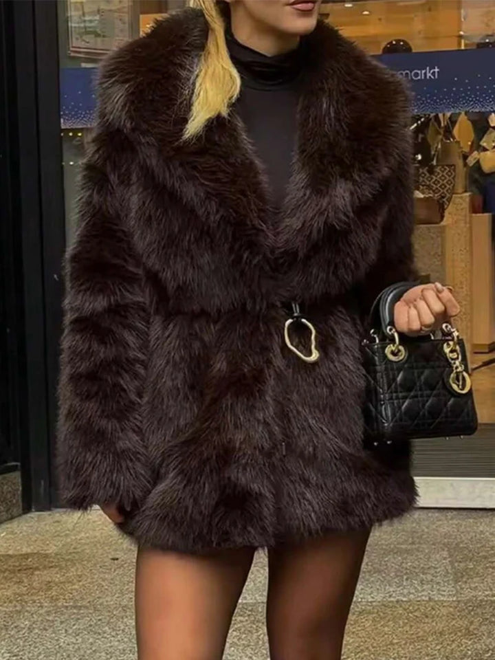 Women's Lapel Faux Fur Coat With Belt Winter