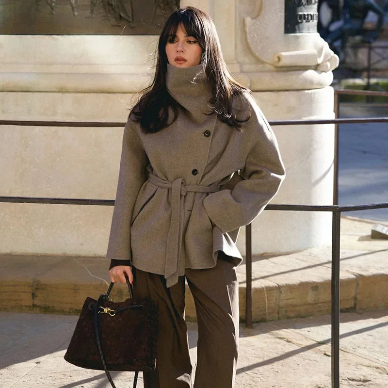 Women's stand-up collar wool coat