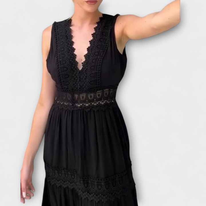 Mode Lumiére™ Aurélie - Elegant Lace V-Neck Dress