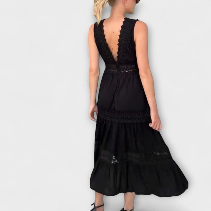 Mode Lumiére™ Aurélie - Elegant Lace V-Neck Dress