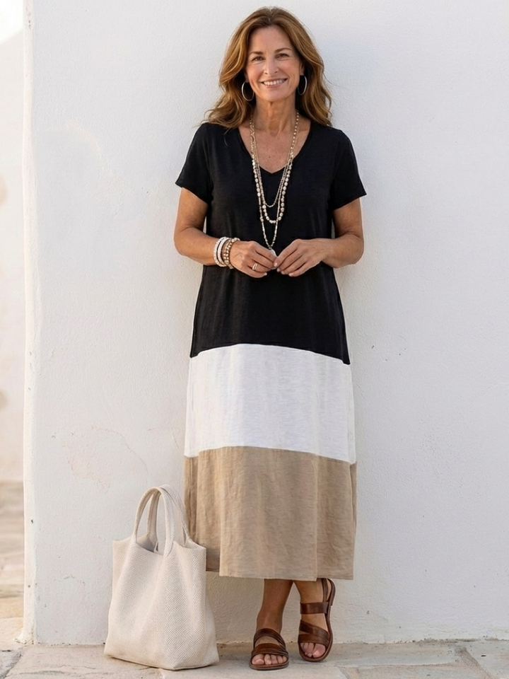 Thalia | Color Block Short Sleeve Midi Dress
