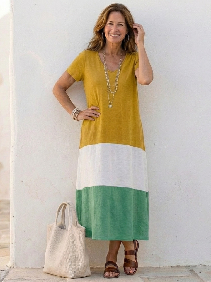 Thalia | Color Block Short Sleeve Midi Dress