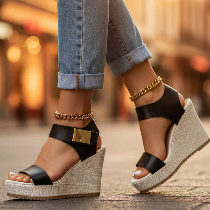 Amanda | Golden Strap Wedge Sandal & Raffia Sole