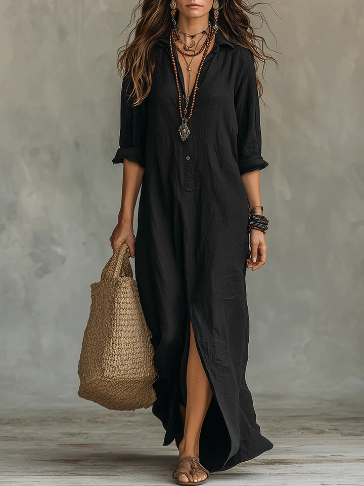 Soline | Long Black Maxi Dress with Buttons