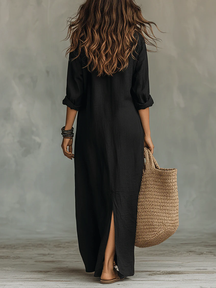 Soline | Long Black Maxi Dress with Buttons