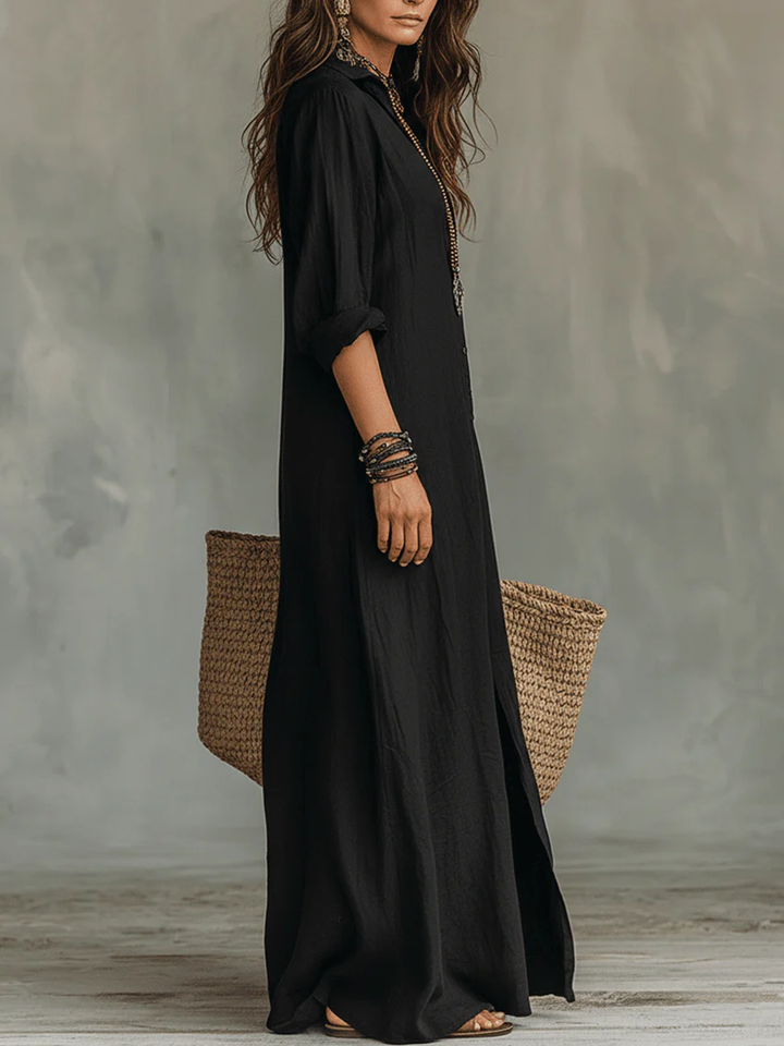Soline | Long Black Maxi Dress with Buttons