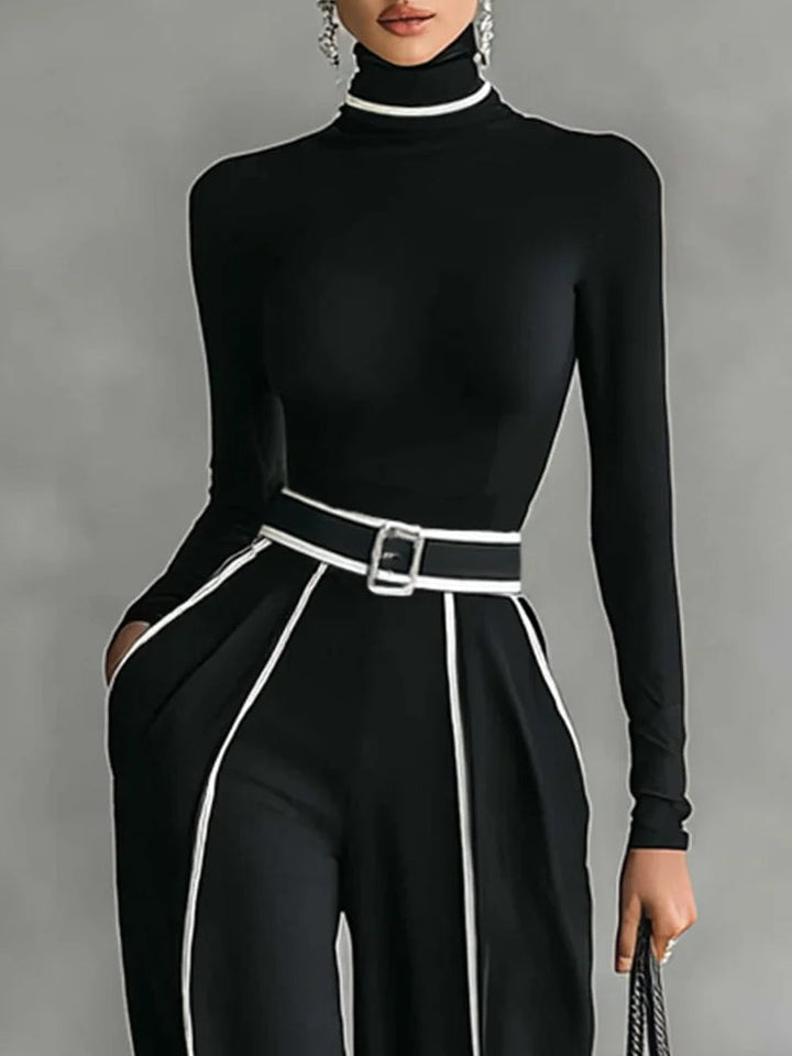 Solana - Long-sleeved turtleneck top and wide-leg pants with belt