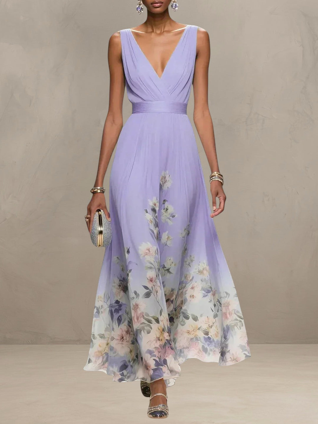 ROSA | V-NECK FLORAL CHIFFON MAXI DRESS