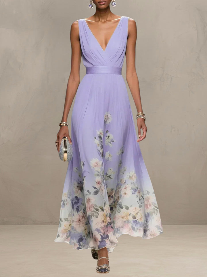 ROSA | V-NECK FLORAL CHIFFON MAXI DRESS