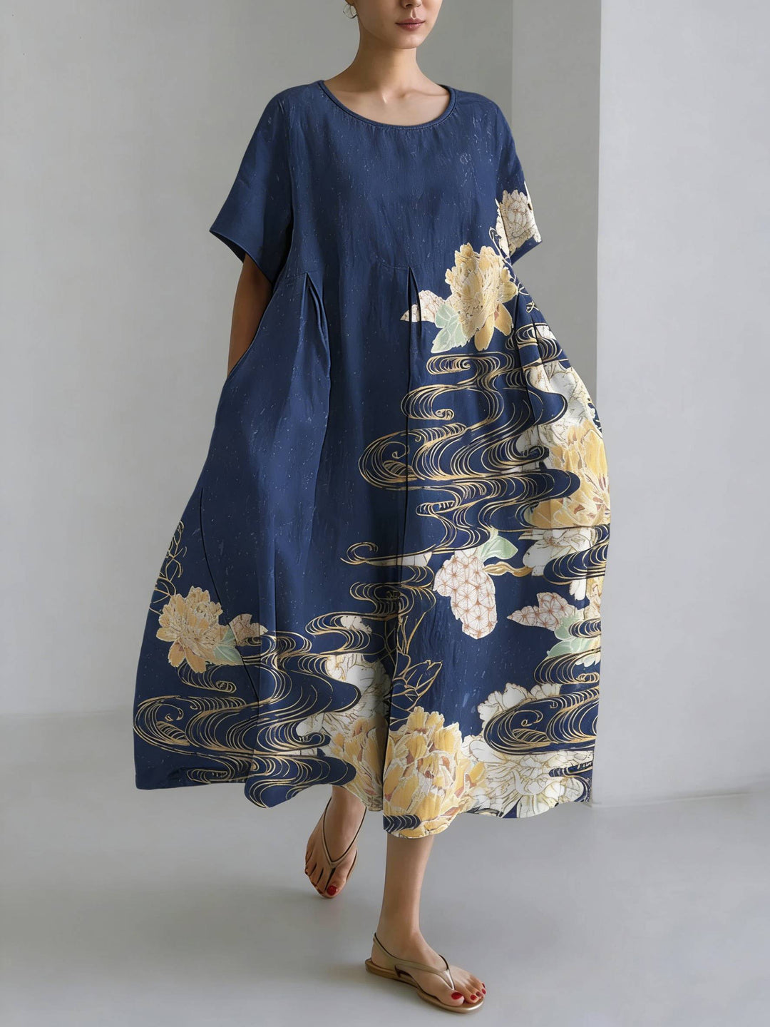 Japanese Art Dreamy Floral Linen Blend Maxi Dress