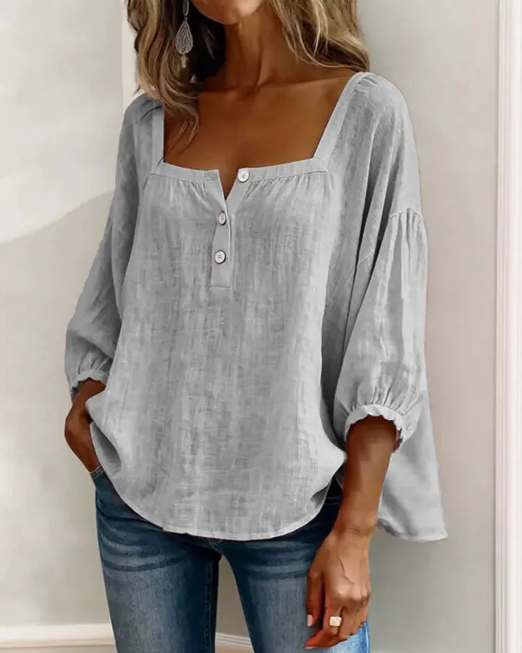 Colette | Square-Neck Linen Blouse with Puffy Sleeves