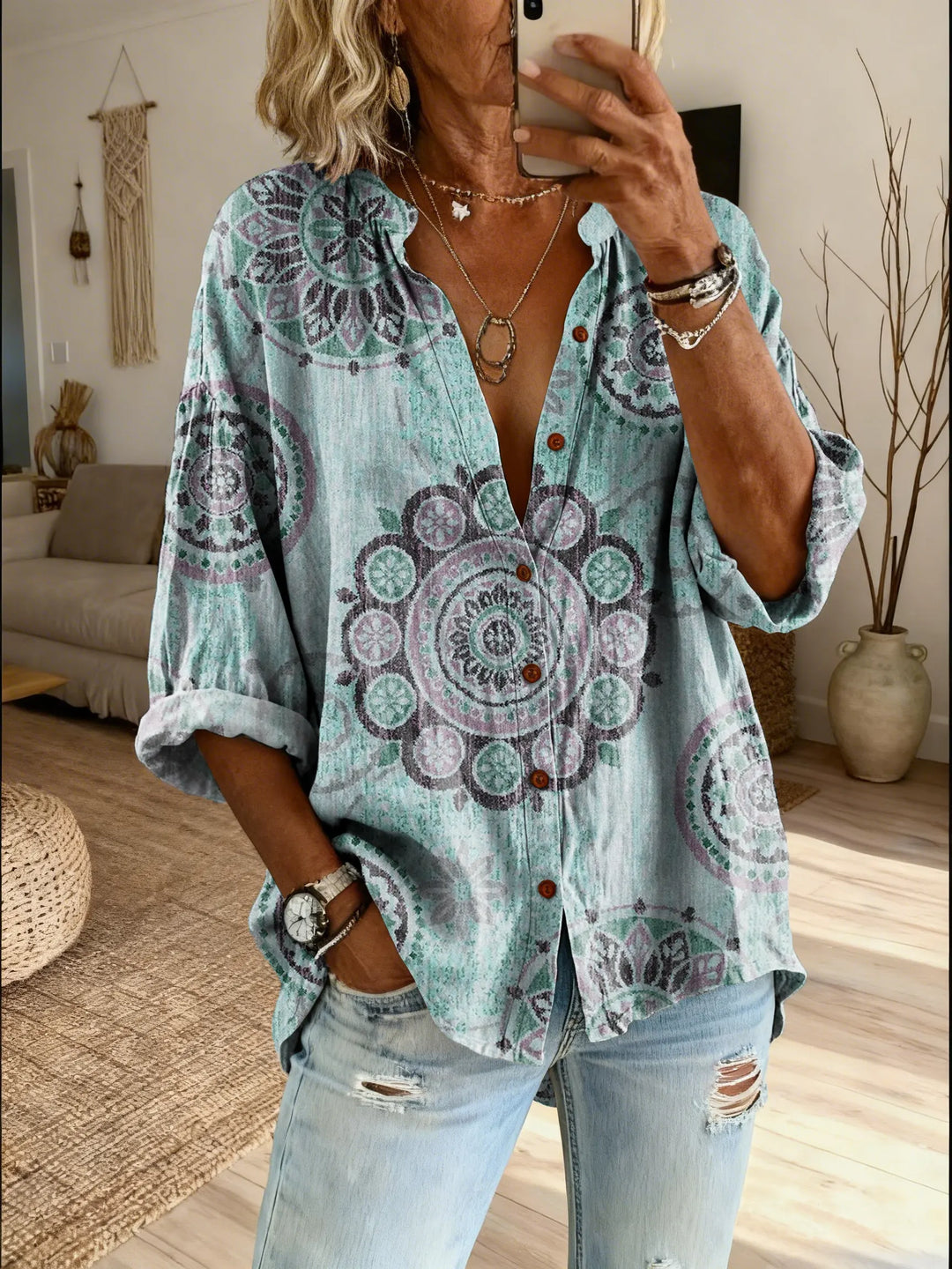 Iris | Bohemian Mandala Print Shirt with Ruffled Collar