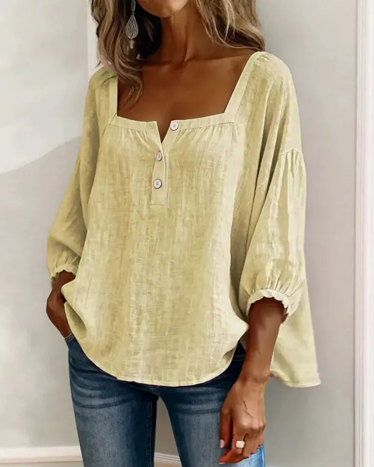 Colette | Square-Neck Linen Blouse with Puffy Sleeves