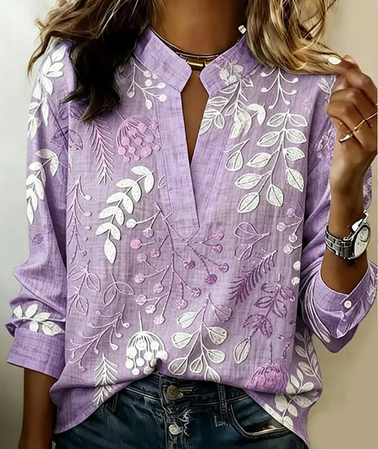 Véronique | Split V-Neck Foliage Print Blouse