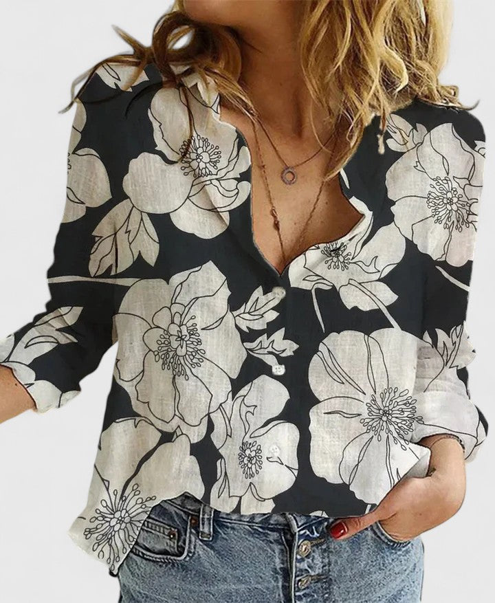 Harper | Scalloped Collar Button-Down Linen Shirt
