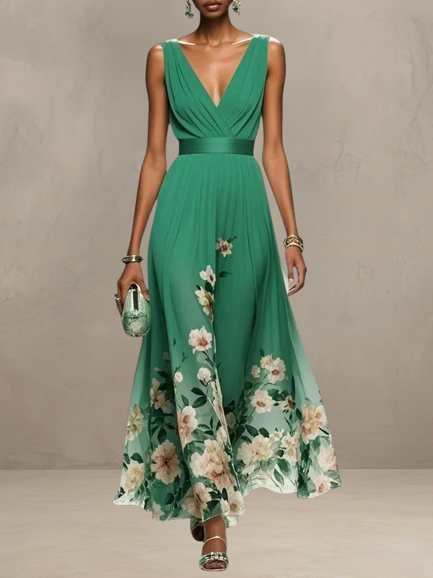 ROSA | V-NECK FLORAL CHIFFON MAXI DRESS