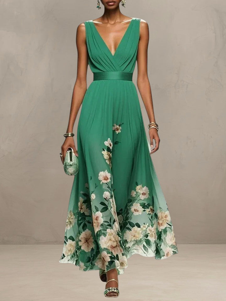 ROSA | V-NECK FLORAL CHIFFON MAXI DRESS