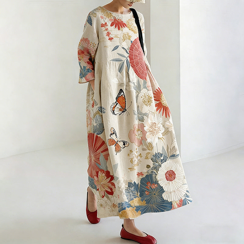Women's Japanese-Style Floral and Butterfly Print Dress