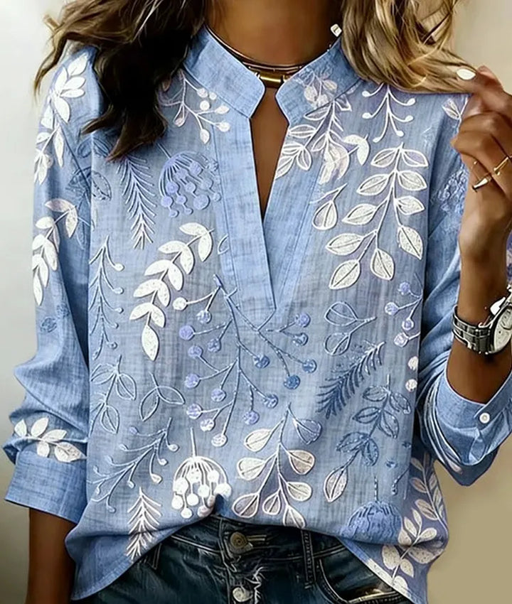 Véronique | Split V-Neck Foliage Print Blouse