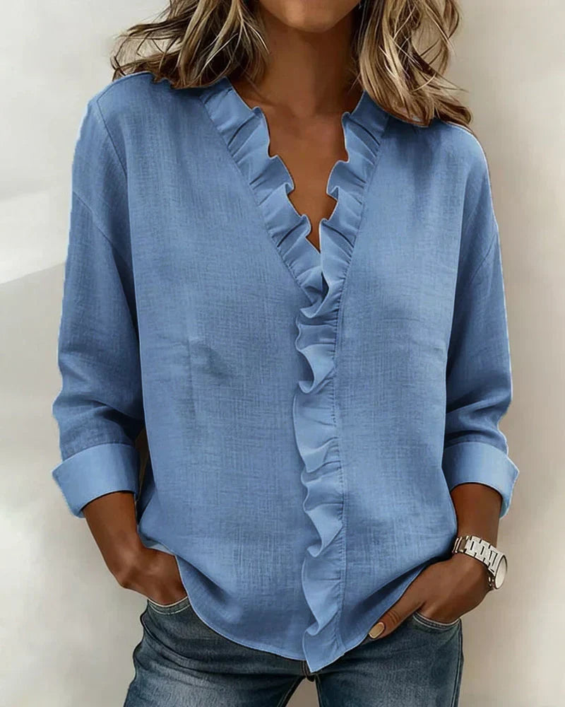 Indie | Blouse with Ruffles, V-Neck and Long Sleeves