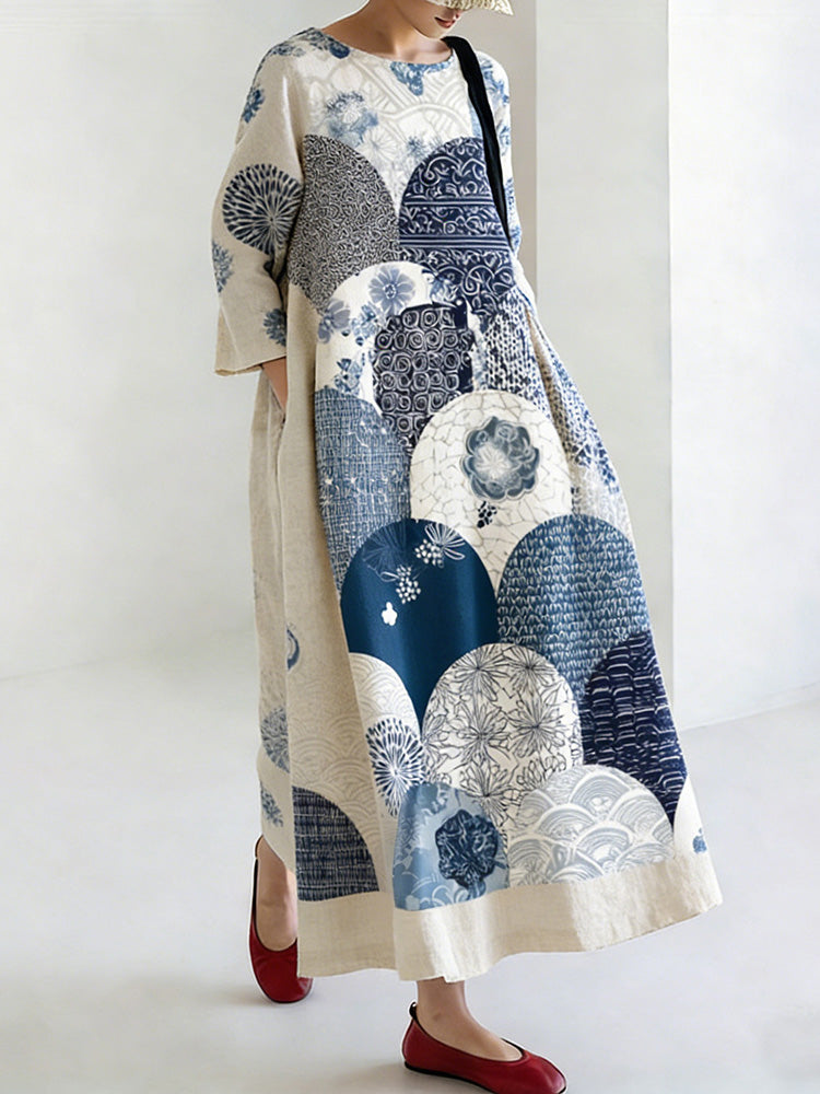 Women's Japanese Style Linen Dress with Geometric and Floral Patterns