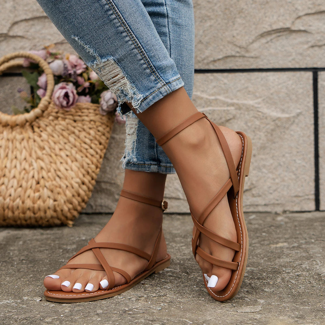 Layla | Flat Sandal with Criss-Cross Straps & Ankle Strap