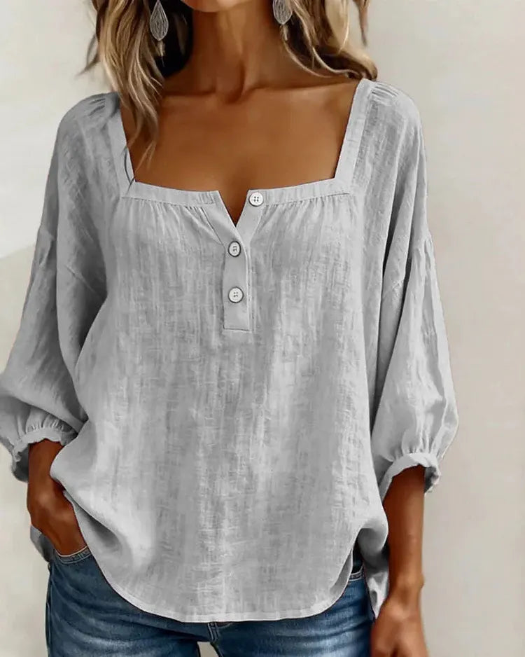 Colette | Square-Neck Linen Blouse with Puffy Sleeves