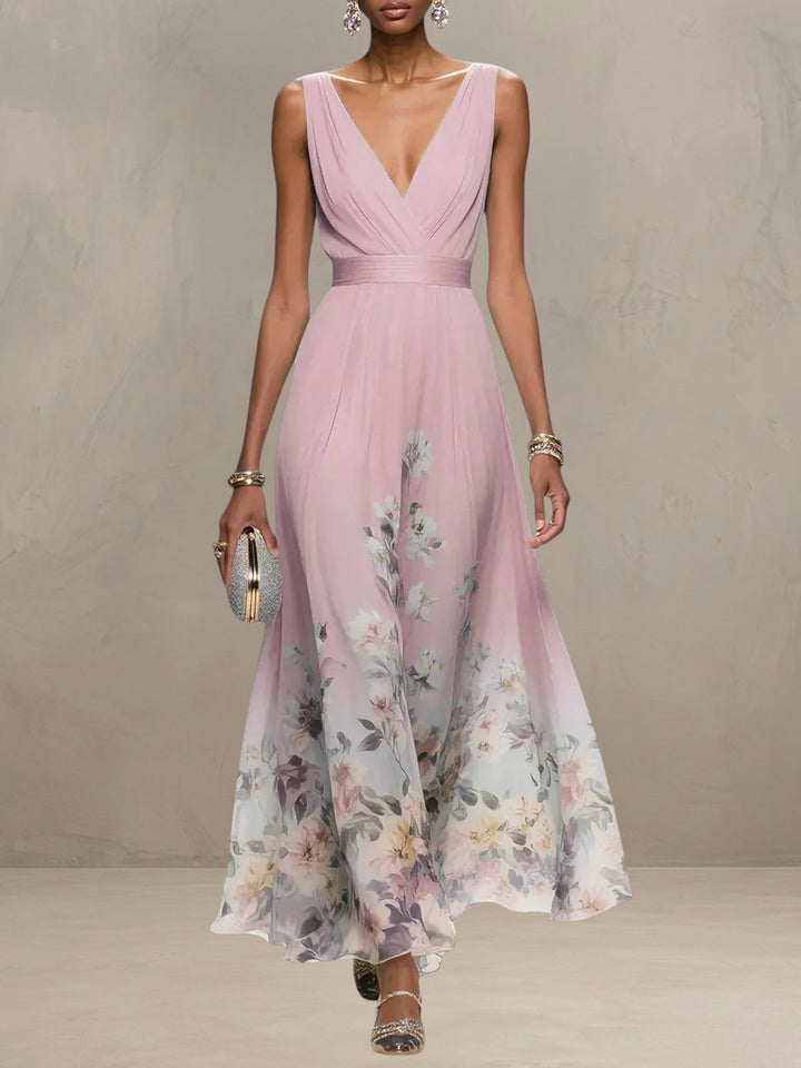 ROSA | V-NECK FLORAL CHIFFON MAXI DRESS