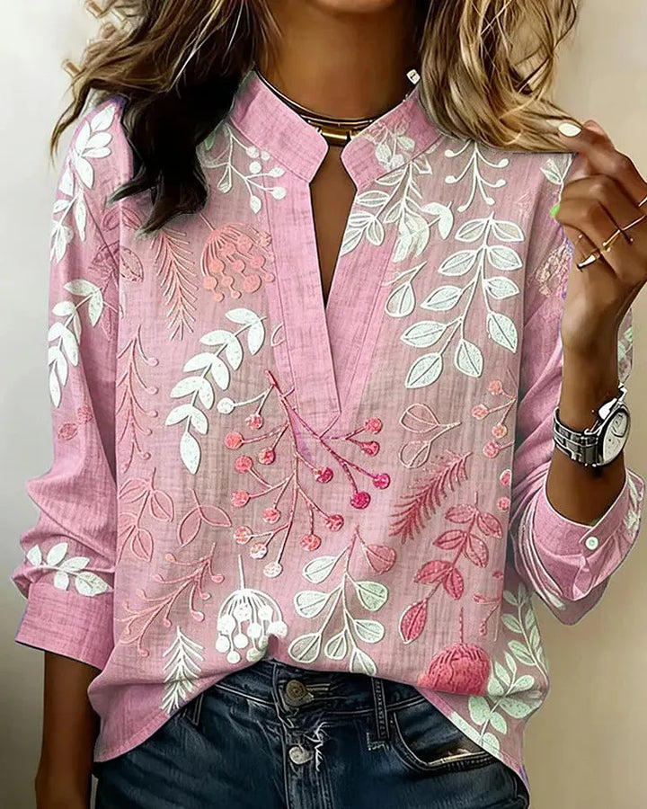 Véronique | Split V-Neck Foliage Print Blouse