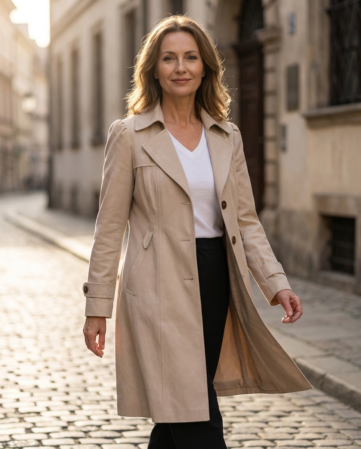 Olivia | Fitted Trench Coat with Tailored Collar & Chocolate Buttons