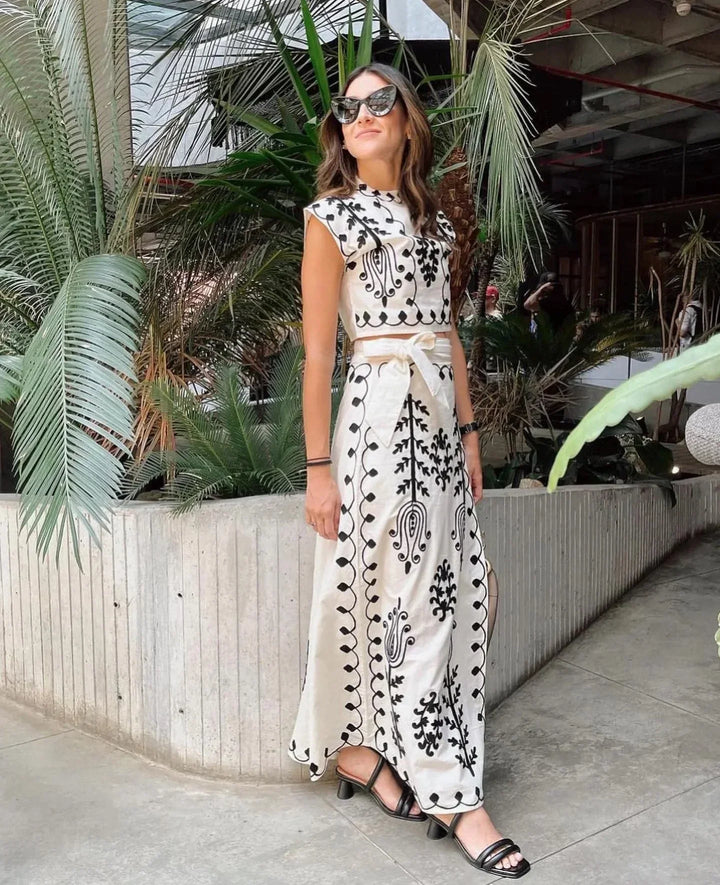 Léonie | Embroidered Top & Flowy Long Skirt Set