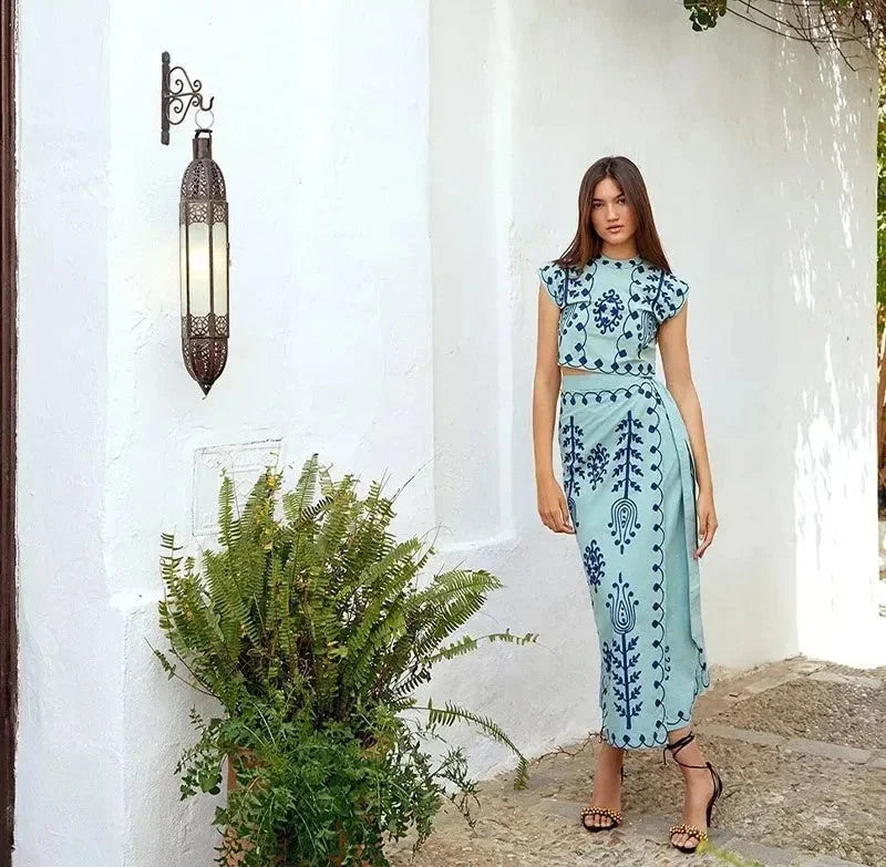 Léonie | Embroidered Top & Flowy Long Skirt Set