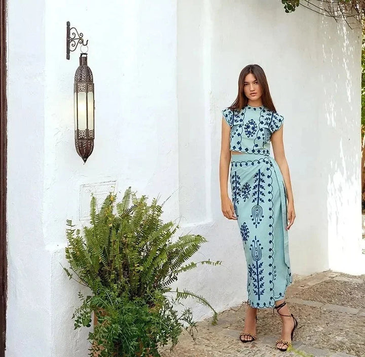 Léonie | Embroidered Top & Flowy Long Skirt Set