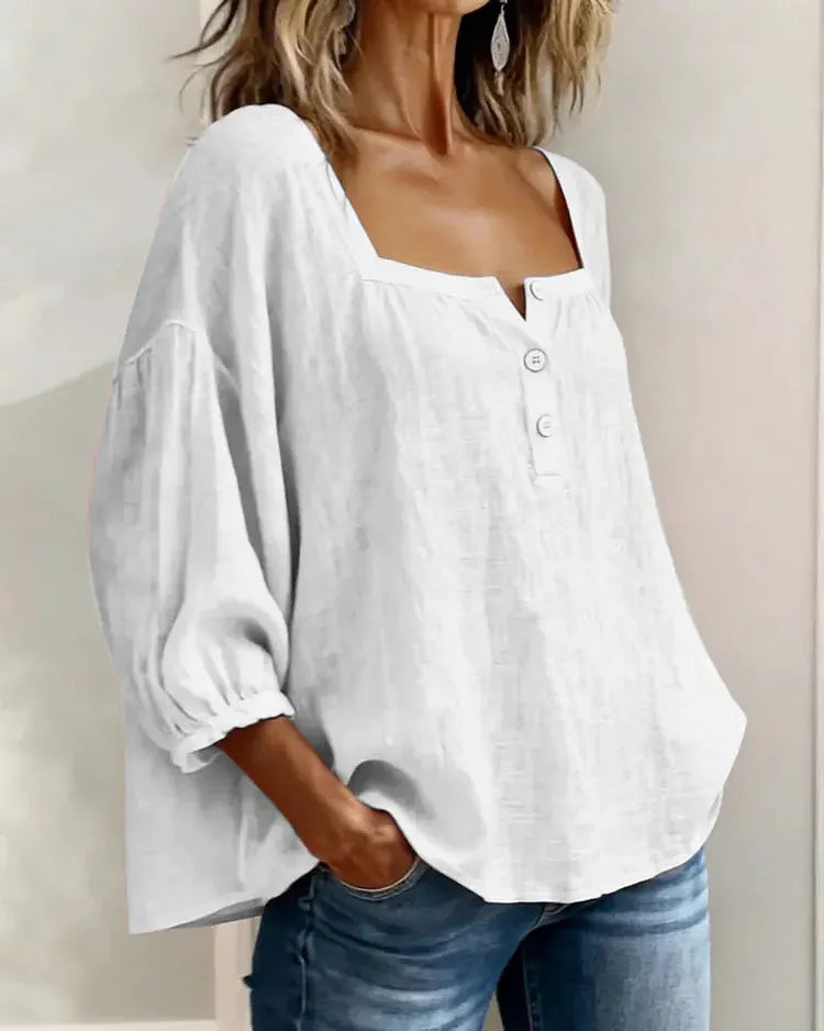 Colette | Square-Neck Linen Blouse with Puffy Sleeves