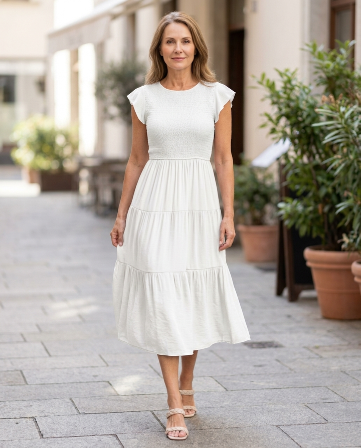 Beatrice | Round Neck Short Sleeve Midi Dress with Gathered Skirt