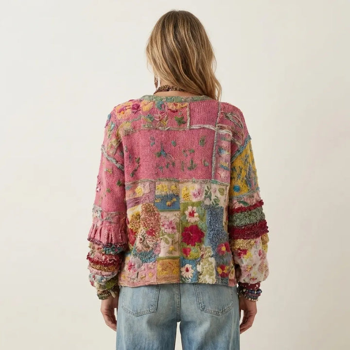 Marvelia – Patchwork Knit & Floral Embroidered Cardigan