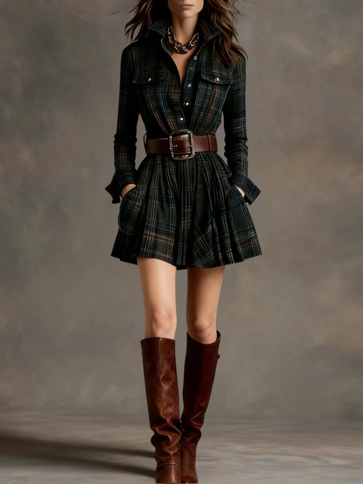 Vintage checked mini dress with cinched waist - belt included