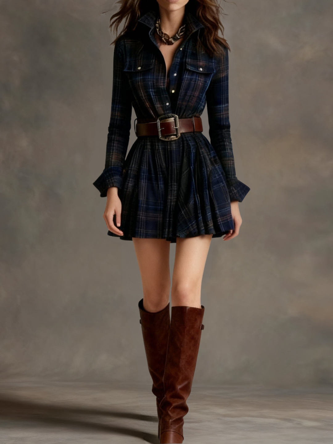 Vintage checked mini dress with cinched waist - belt included