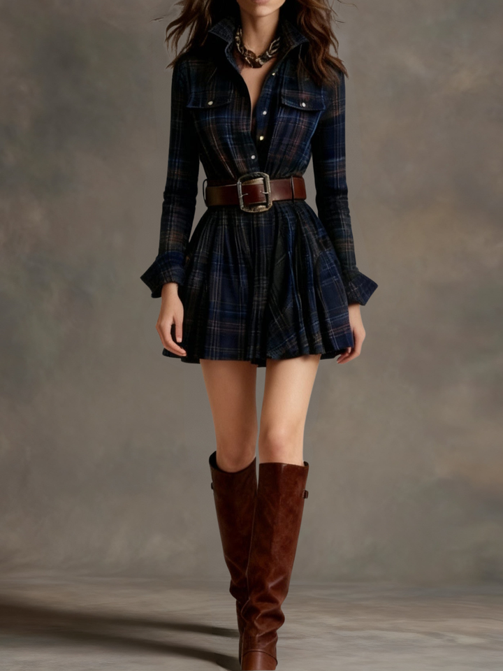 Vintage checked mini dress with cinched waist - belt included