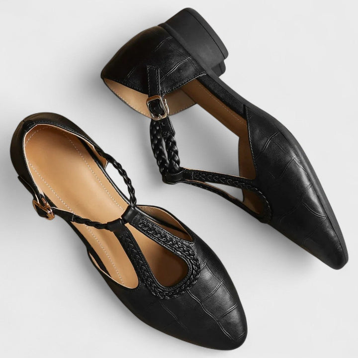 Colette | Crocodile Effect Leather T-Bar Braid & Block Heel Babies