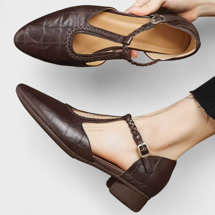 Colette | Crocodile Effect Leather T-Bar Braid & Block Heel Babies