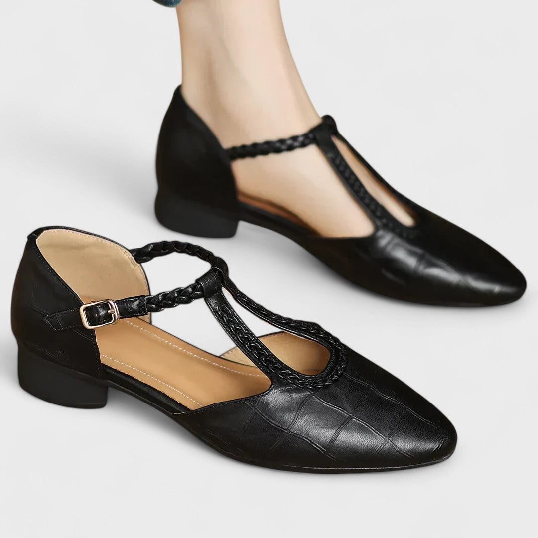 Colette | Crocodile Effect Leather T-Bar Braid & Block Heel Babies
