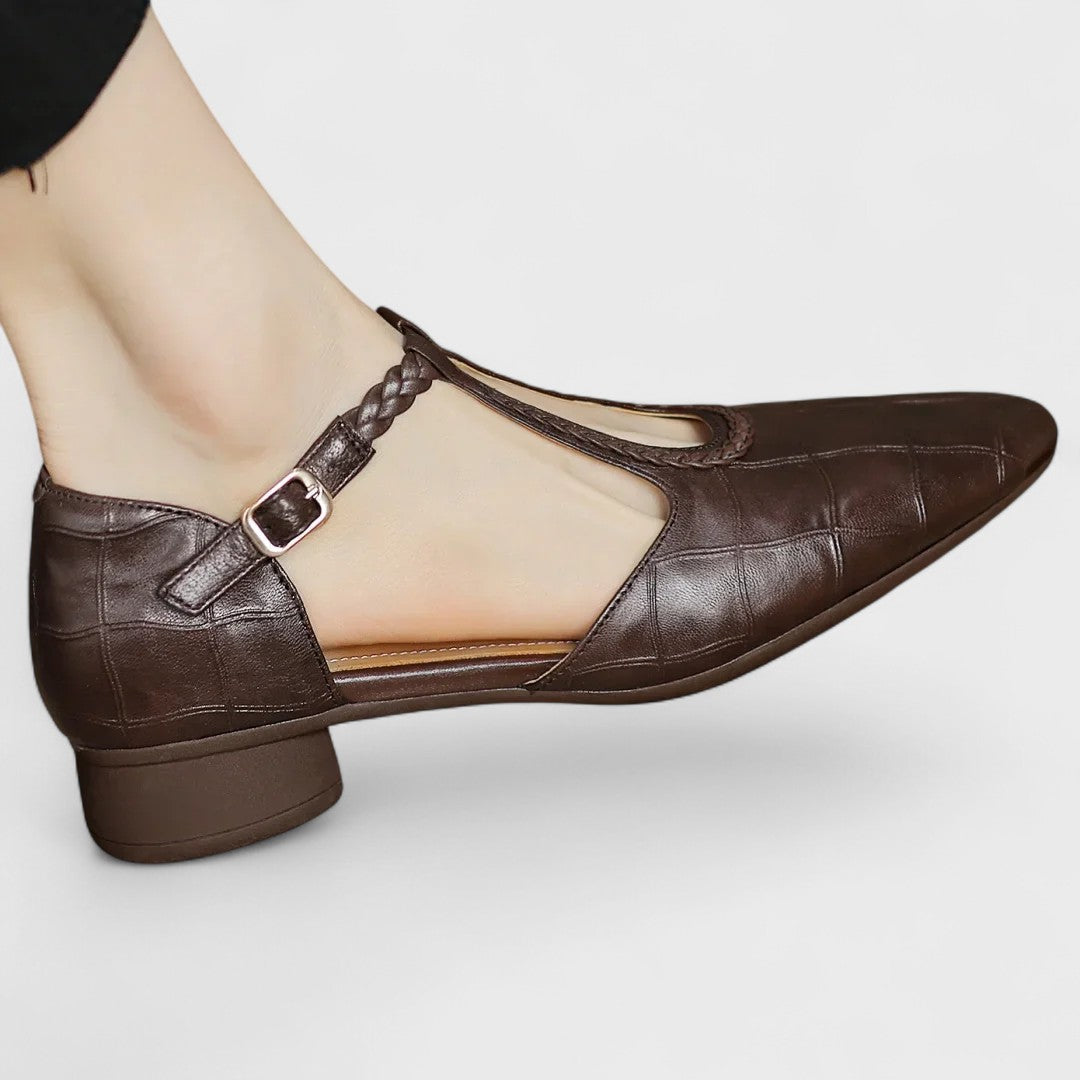 Colette | Crocodile Effect Leather T-Bar Braid & Block Heel Babies
