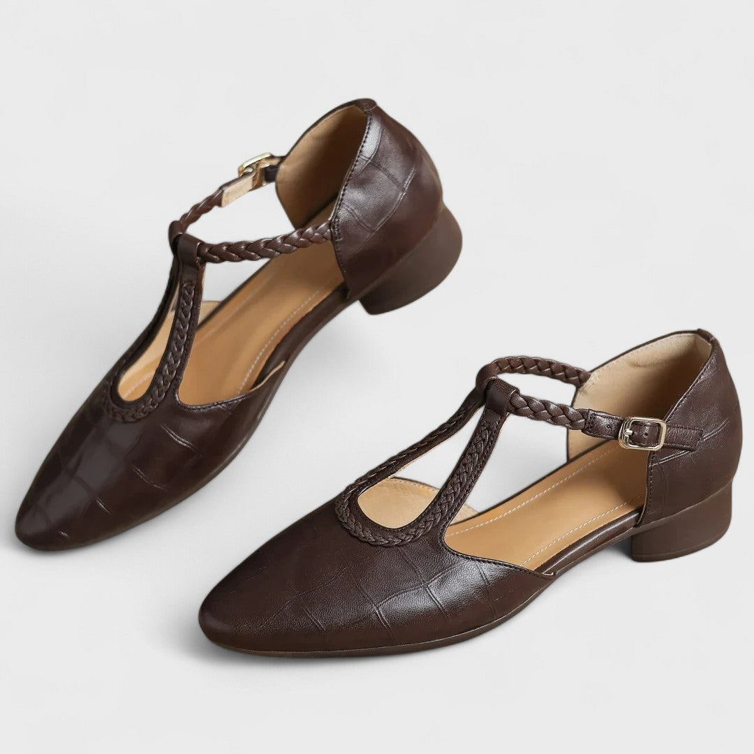 Colette | Crocodile Effect Leather T-Bar Braid & Block Heel Babies
