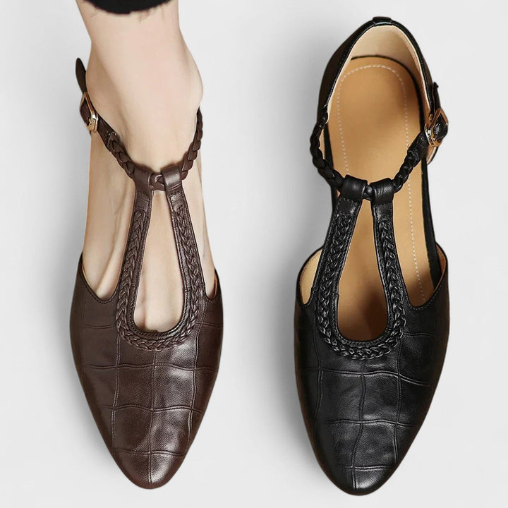 Colette | Crocodile Effect Leather T-Bar Braid & Block Heel Babies