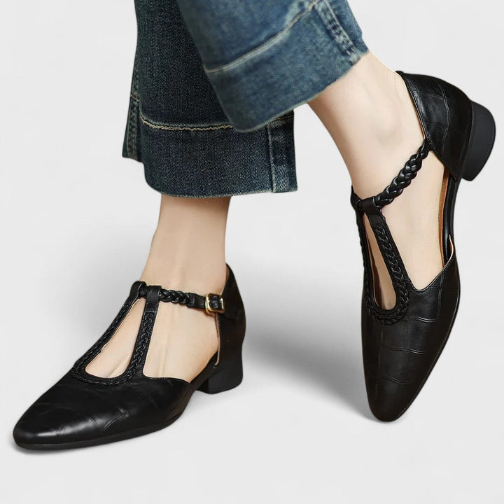 Colette | Crocodile Effect Leather T-Bar Braid & Block Heel Babies